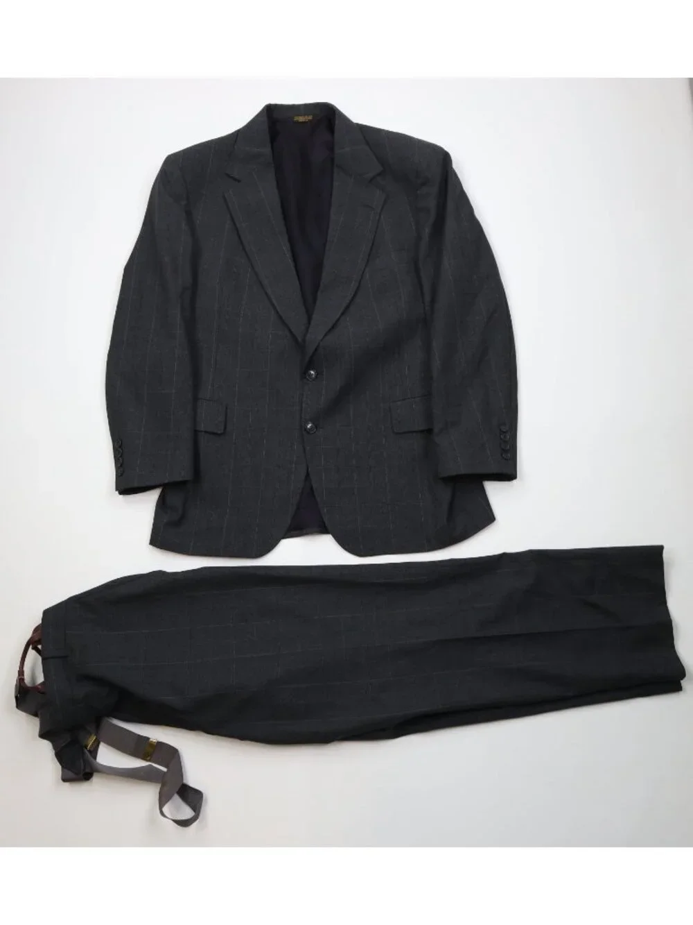 Vintage 70s Mens 46R 2 Piece Wool Suit Wide Leg Gray Plaid Suspenders 34x29 USA